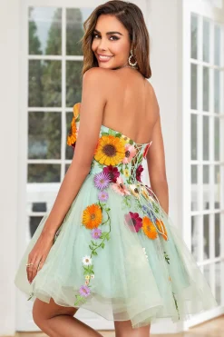 Verde Escuro Sem Cintas Vestido de Cocktail Com Flores 3D