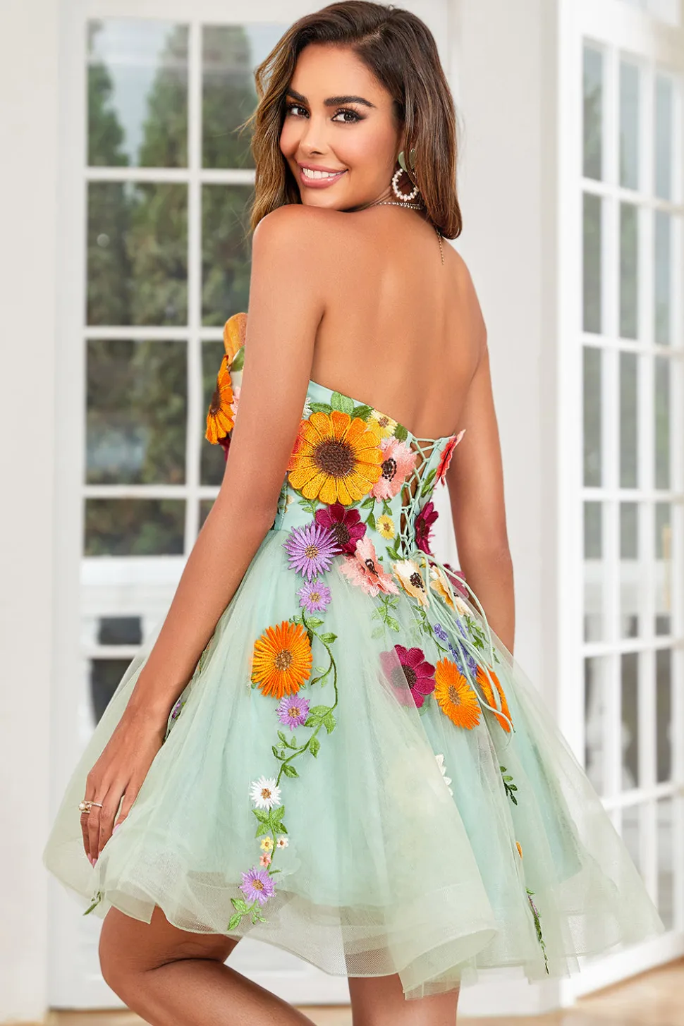 Verde Escuro Sem Cintas Vestido de Cocktail Com Flores 3D