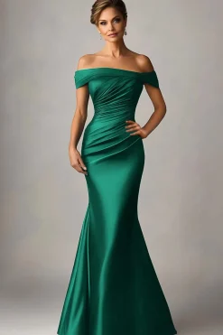 Verde Escuro Sereia Fora O Ombro Ruched Cetim Vestido Formal