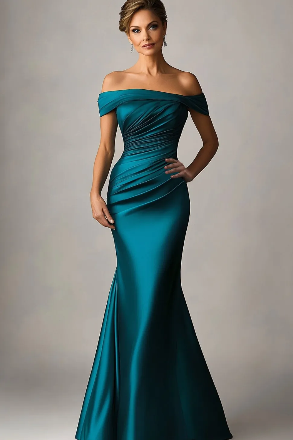 Verde Escuro Sereia Fora O Ombro Ruched Cetim Vestido Formal