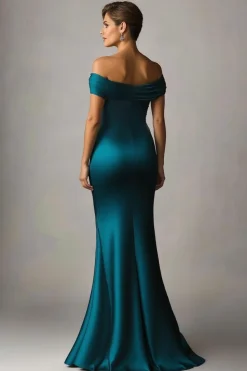Verde Escuro Sereia Fora O Ombro Ruched Cetim Vestido Formal