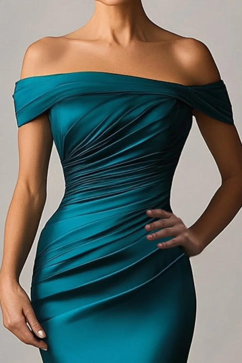 Verde Escuro Sereia Fora O Ombro Ruched Cetim Vestido Formal
