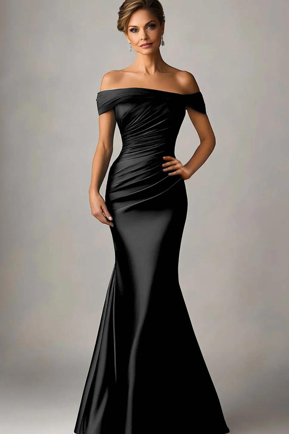 Verde Escuro Sereia Fora O Ombro Ruched Cetim Vestido Formal