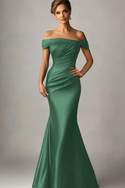 Verde Escuro Sereia Fora O Ombro Ruched Cetim Vestido Formal
