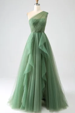 Verde Escuro Tule Linha-A Um Ombro Longo Vestido de Cerimônia