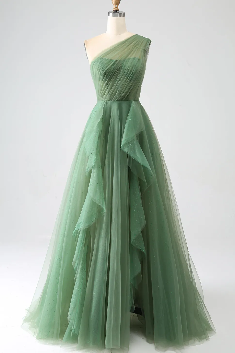 Verde Escuro Tule Linha-A Um Ombro Longo Vestido de Cerimônia