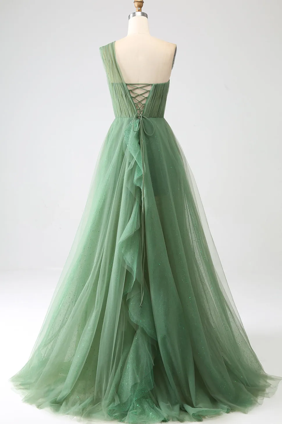 Verde Escuro Tule Linha-A Um Ombro Longo Vestido de Cerimônia