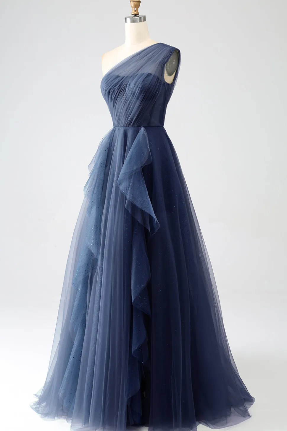 Verde Escuro Tule Linha-A Um Ombro Longo Vestido de Cerimônia