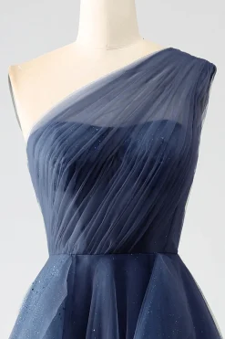 Verde Escuro Tule Linha-A Um Ombro Longo Vestido de Cerimônia