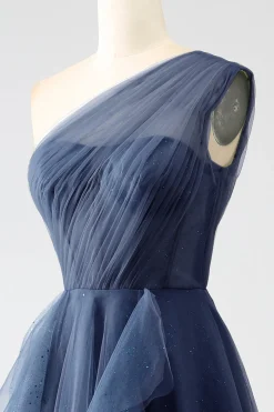 Verde Escuro Tule Linha-A Um Ombro Longo Vestido de Cerimônia