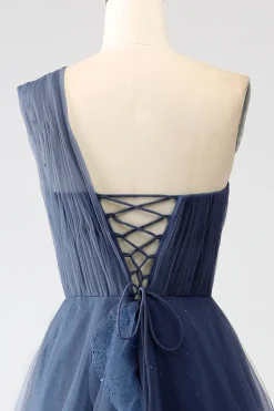 Verde Escuro Tule Linha-A Um Ombro Longo Vestido de Cerimônia