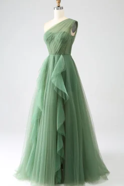 Verde Escuro Tule Linha-A Um Ombro Longo Vestido de Cerimônia