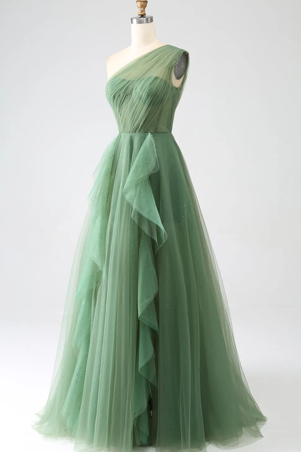Verde Escuro Tule Linha-A Um Ombro Longo Vestido de Cerimônia