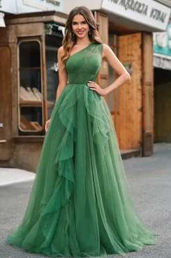 Verde Escuro Tule Linha-A Um Ombro Longo Vestido de Cerimônia