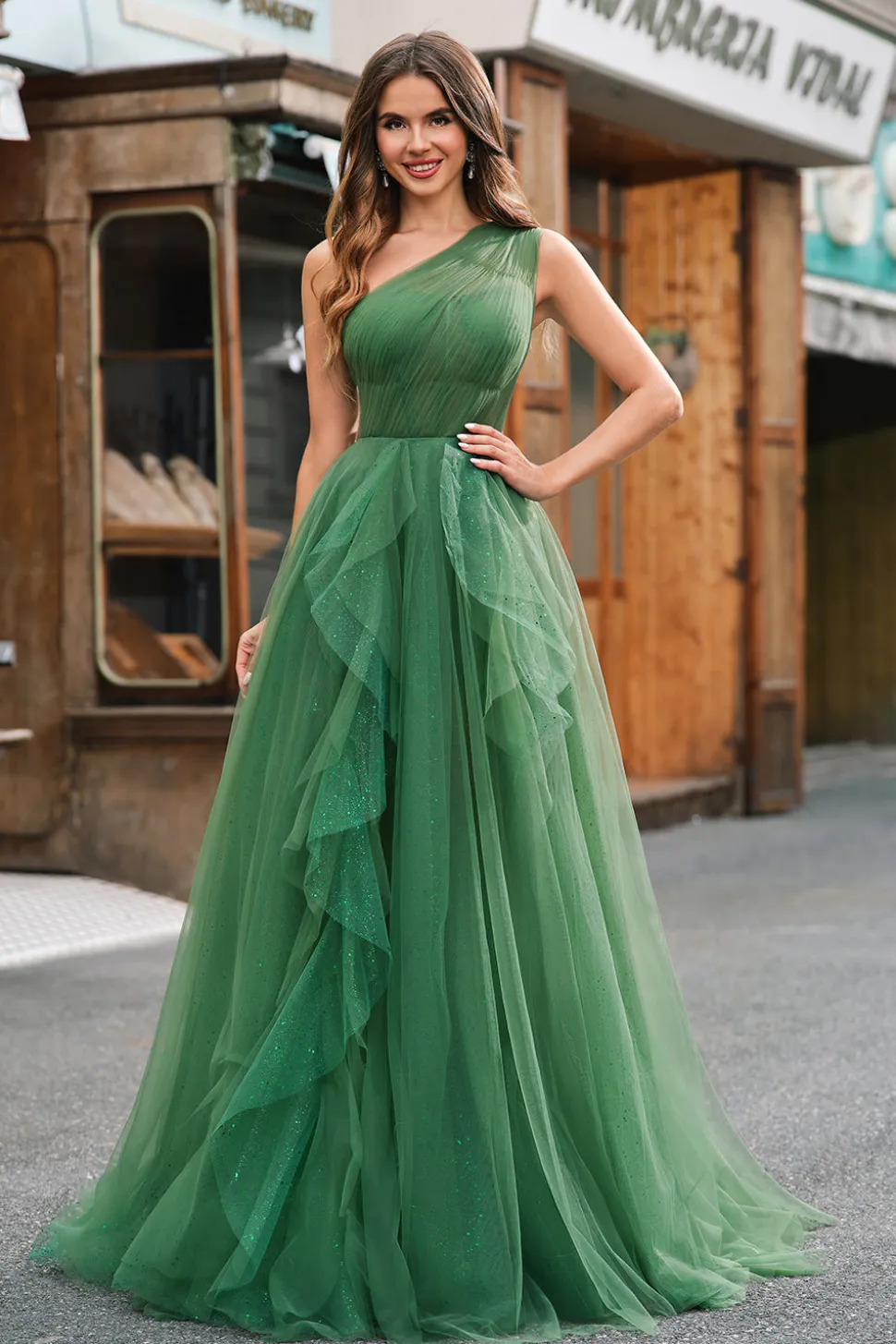 Verde Escuro Tule Linha-A Um Ombro Longo Vestido de Cerimônia