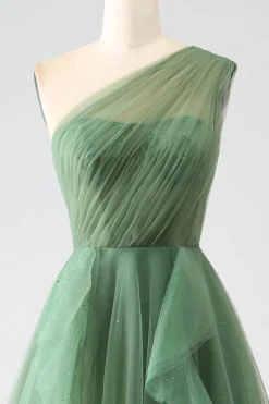 Verde Escuro Tule Linha-A Um Ombro Longo Vestido de Cerimônia