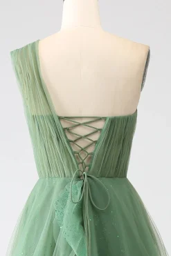 Verde Escuro Tule Linha-A Um Ombro Longo Vestido de Cerimônia