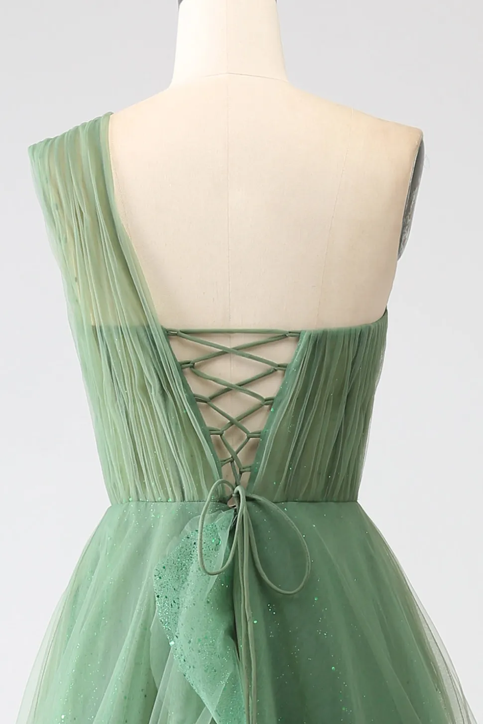 Verde Escuro Tule Linha-A Um Ombro Longo Vestido de Cerimônia