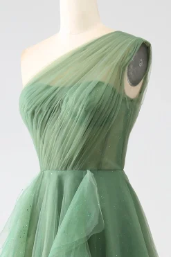 Verde Escuro Tule Linha-A Um Ombro Longo Vestido de Cerimônia