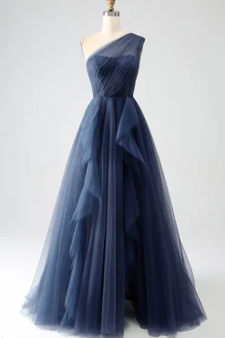 Verde Escuro Tule Linha-A Um Ombro Longo Vestido de Cerimônia