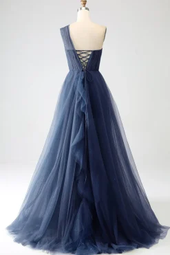 Verde Escuro Tule Linha-A Um Ombro Longo Vestido de Cerimônia