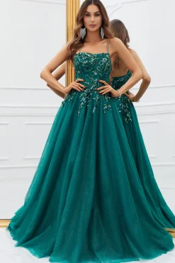 Verde Escuro Tule Vestido de Baile Com Apliques