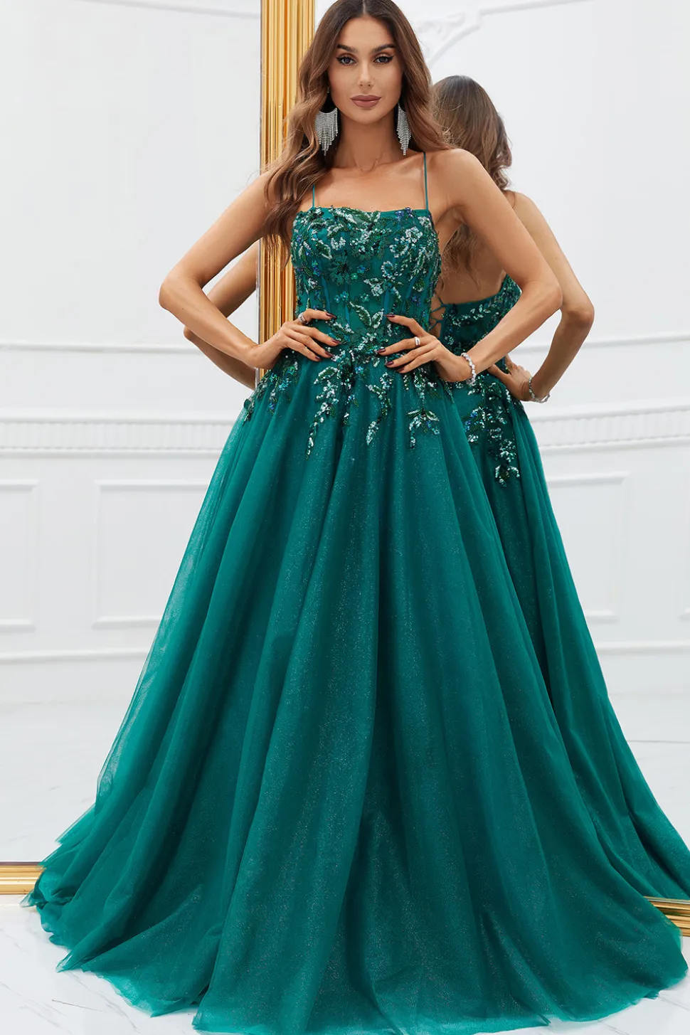 Verde Escuro Tule Vestido de Baile Com Apliques