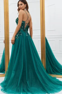 Verde Escuro Tule Vestido de Baile Com Apliques