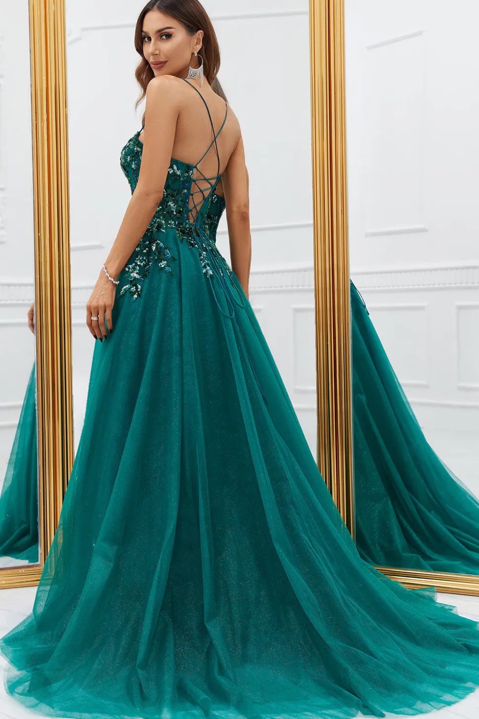 Verde Escuro Tule Vestido de Baile Com Apliques