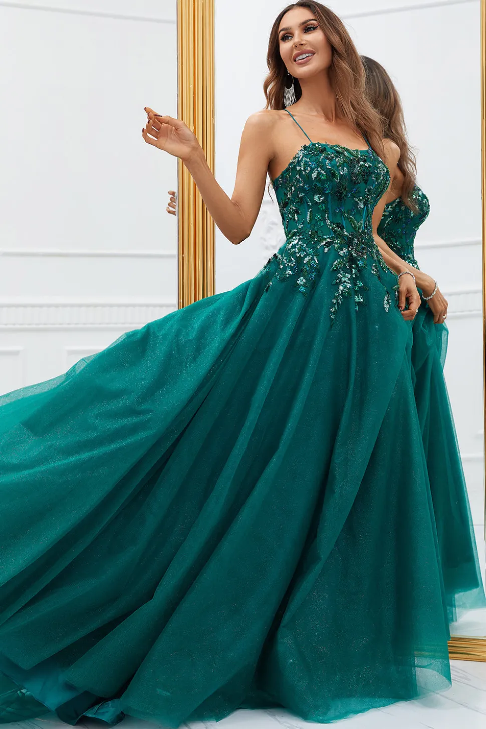 Verde Escuro Tule Vestido de Baile Com Apliques