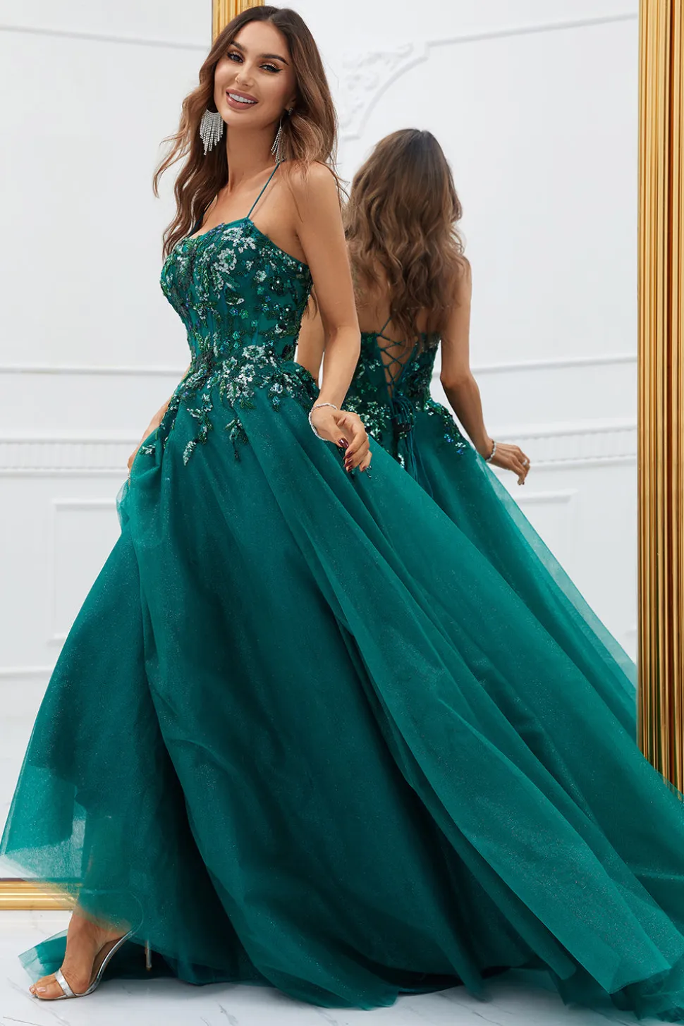 Verde Escuro Tule Vestido de Baile Com Apliques