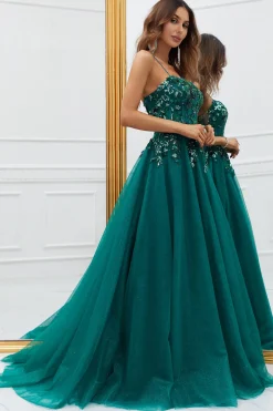 Verde Escuro Tule Vestido de Baile Com Apliques
