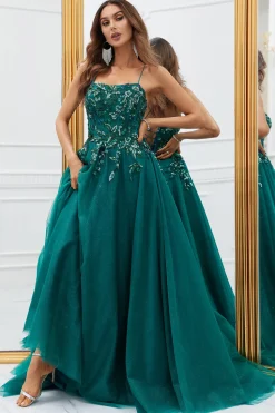 Verde Escuro Tule Vestido de Baile Com Apliques