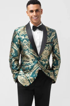 Verde Escuro Um Botão Jacquard Masculino Prom Blazer com Xaile Lapela