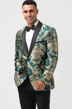 Verde Escuro Um Botão Jacquard Masculino Prom Blazer com Xaile Lapela
