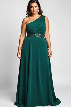 Verde Escuro Um Ombro Bainha Longo Vestido Mae Noiva