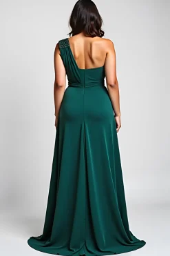 Verde Escuro Um Ombro Bainha Longo Vestido Mae Noiva