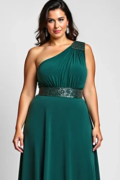 Verde Escuro Um Ombro Bainha Longo Vestido Mae Noiva