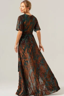 Verde escuro Uma linha Burnout Velvet Long Prom Dress com mangas curtas