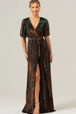 Verde escuro Uma linha Burnout Velvet Long Prom Dress com mangas curtas