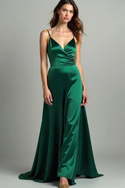 Verde escuro Uma linha de cetim espaguete correias longo vestido de baile