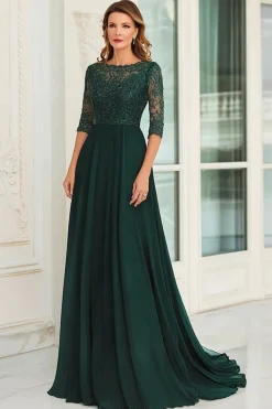 Verde escuro Uma linha de renda mãe de vestido de noiva com 3/4 mangas
