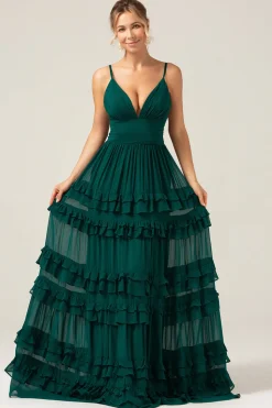 Verde escuro Uma linha de alças espaguete vestido de baile com pregas