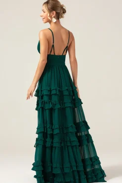 Verde escuro Uma linha de alças espaguete vestido de baile com pregas