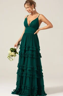 Verde escuro Uma linha de alças espaguete vestido de baile com pregas