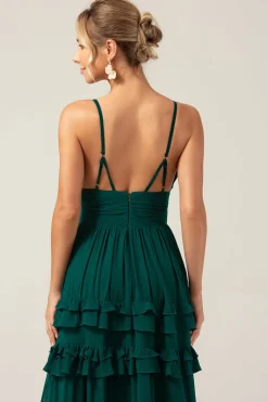 Verde escuro Uma linha de alças espaguete vestido de baile com pregas