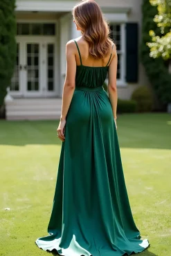 Verde escuro Uma linha de alças espaguete Ruched longo vestido formal