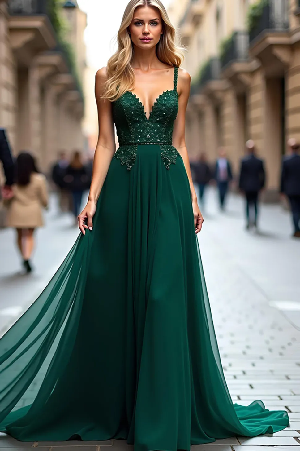 Verde escuro Uma linha de tule longo vestido de baile com apliques de renda