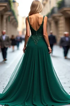 Verde escuro Uma linha de tule longo vestido de baile com apliques de renda