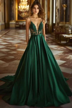 Verde escuro Uma linha de renda V pescoço cetim longo vestido de baile